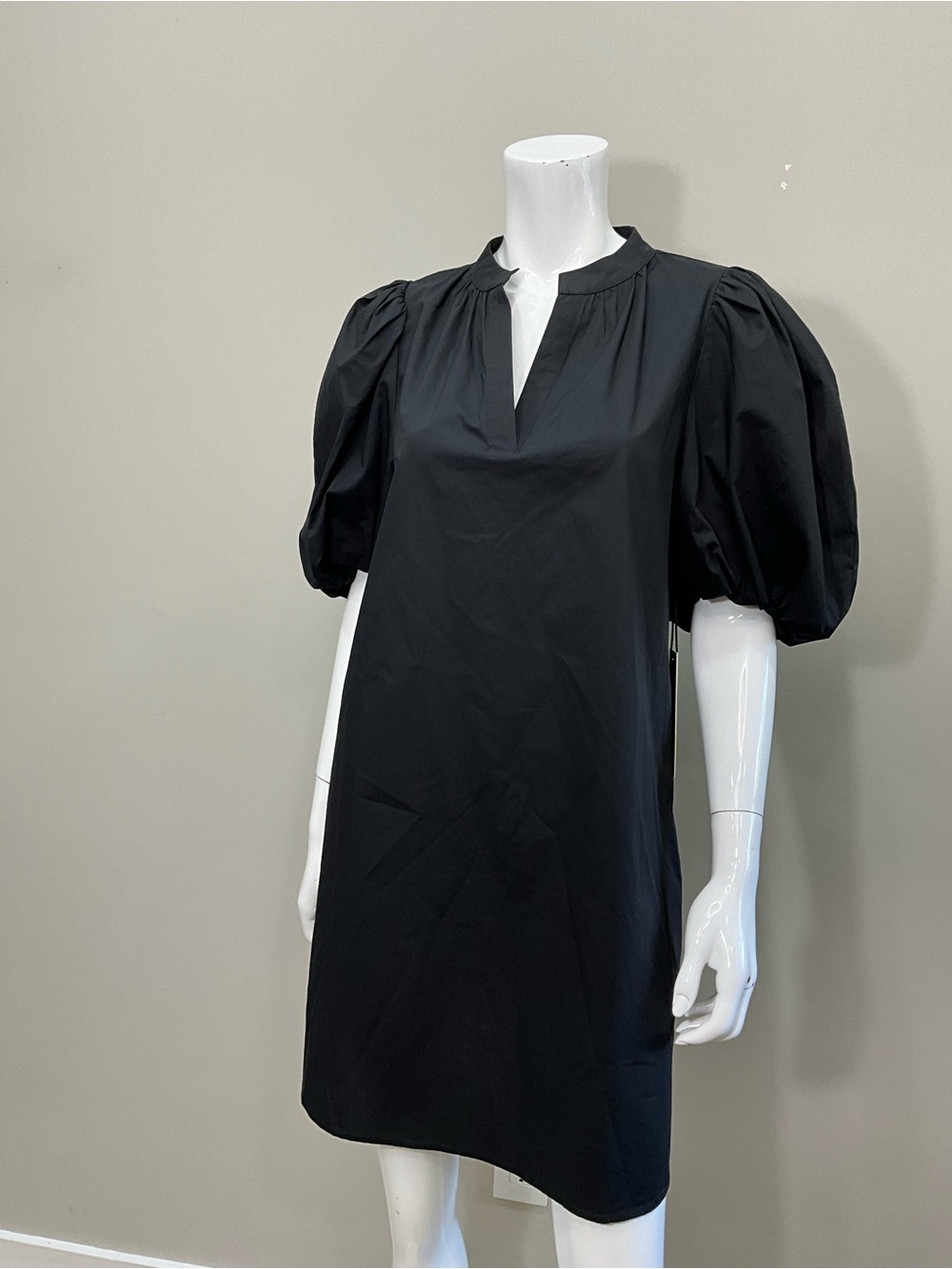 NICOLE MILLER Black Puff Sleeve Mini Dress A-Line Split Neck M Pockets - Picture 2 of 8